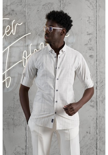 Advante İnce Çizgili Yaka Düğmeli Katlamalı Kol Pamuklu Slimfit Yazlık Keten Gömlek Gri