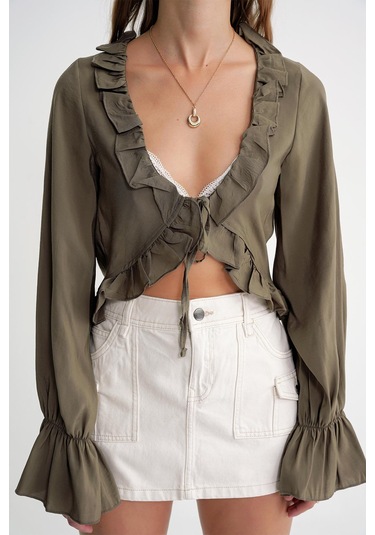 4712 Kadın Volanlı Modal Bolero Bluz Haki Haki