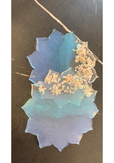 Su Mavisi Ve Yeşili Deniz Kabuklu Güneş Şekil Epoksi Bardak Altı Su Mavisi