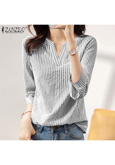 Zanzea Yaz Günlük V Yaka 3/4 Kollu Kadın Çizgili Bluz Siyah