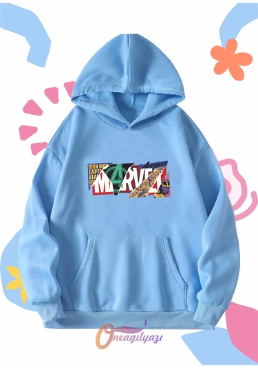 Çocuk Unisex Marvel Baskılı Oversize Kapüşönlü Sweatshirt Mavi