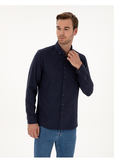 Cacharel Lacivert Slim Fit Pamuk Karışımlı Yakası Düğmeli Flanel Gömlek