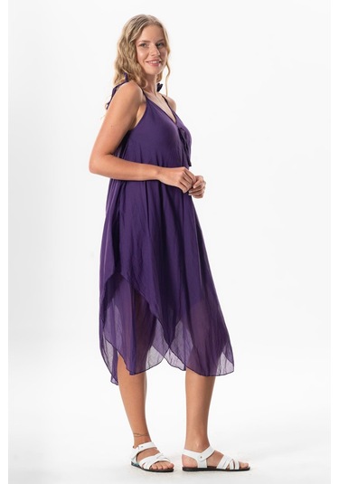 Askılı Vual Afrodit Midi Boy Yazlık Elbise Mor Mor Mor