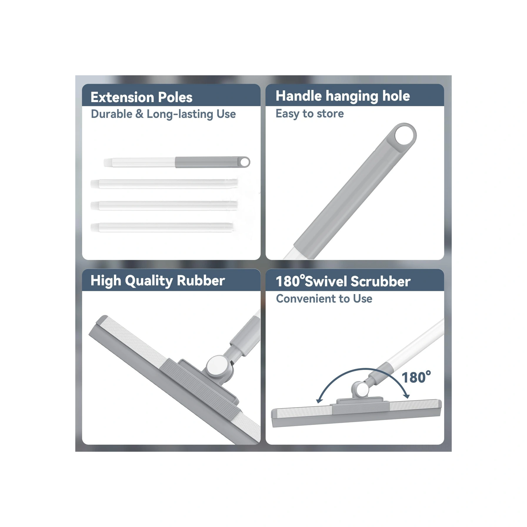 Dofolink 180 Derece Döner Başlı Kauçuk Squeegee - 52 İnç Uzun Saplı Zemin Penceresi Banyo Tuğla Garaj Temizleme Aracı Beyaz