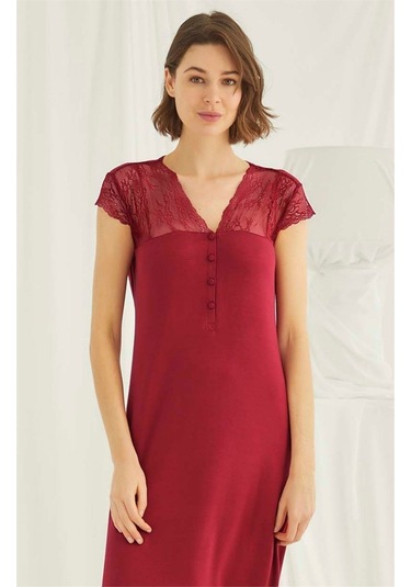 Monamise 18481 Kadın Kırmızı V Yaka Önden Düğmeli Dantelli Kısa Kollu Midi Büyük Beden Gecelik Kırmızı
