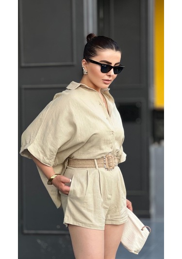 Taş Keten Kendinden Kemerli Gömlek-şort Takım Taş
