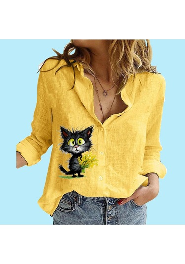 Kadın Moda Düğmeli Bluz Rahat İnce Uzun Kollu Üst Bayan Pamuklu Keten Baskılı Gömlek Sari