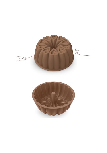 Kalp Desenli Yuvarlak Silikon Kek Kalıbı 23 Cm Kahverengi