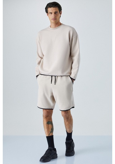 GRIMELANGE Plemon Erkek Bisiklet Yaka Uzun Kol Baskı Detaylı Oversize Taş Rengi Sweatshirt Taş Rengi