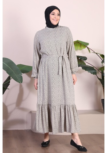 Kadin Buyuk Beden Elbise Tesettur Giyim Hakim Yaka Çıtır Desen 001