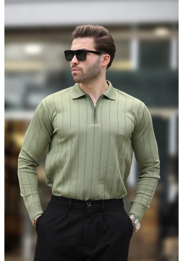 Haki Polo Yaka Fermuarlı Örme Kazak 7242 Haki