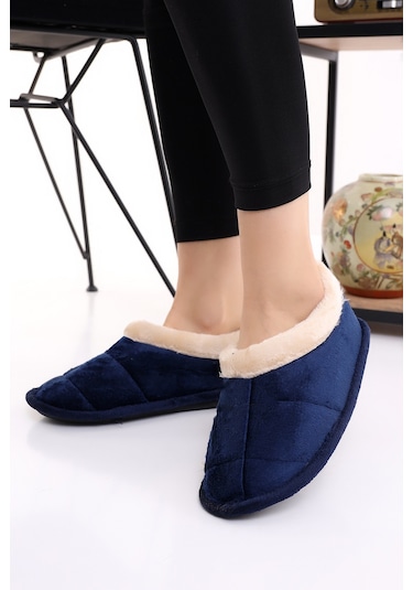 Wordex U040 Kadın Erkek Ev İçi Yünlü Kışlık Ev Pandufu Ev Ayakkabısı Lacivert