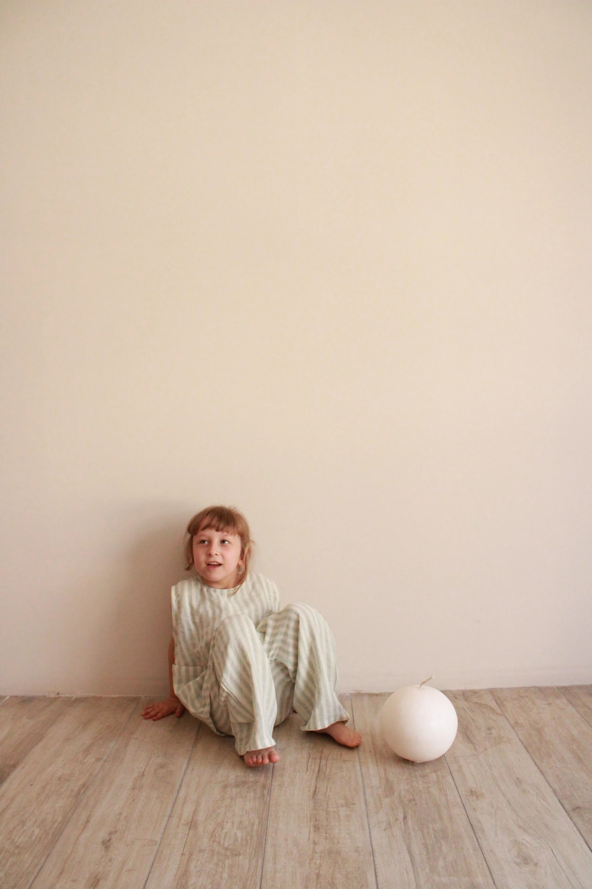 Yeşil Çizgili Asimetrik Cepli Müslin Takım Yeşil