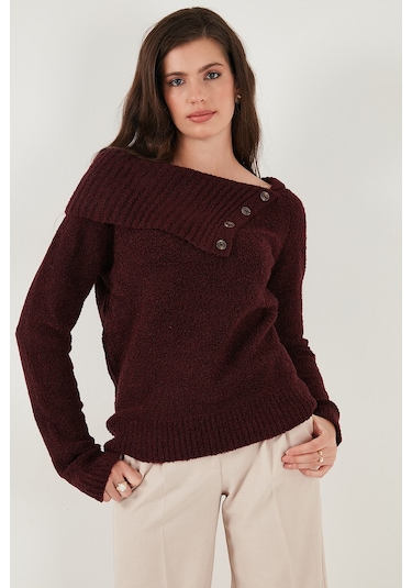 Lela Premium Regular Fit Kayık Yaka Düğme Detaylı Bayan Kazak 680Kz002563 Bordo