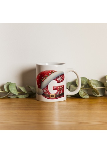 G Harfi Yılbaşı Temalı Bardak 330 Ml Harfli Kişiye Özel Hediye - Yeniyıl / Noel Şapka Tasarım Beyaz