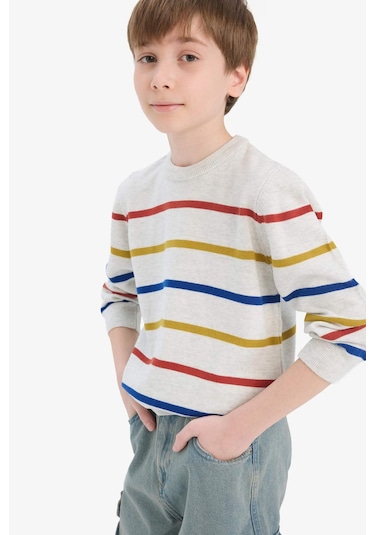 Defacto Erkek Çocuk Çizgili Bisiklet Yaka Triko Kazak F3742a825wner123 Ekru