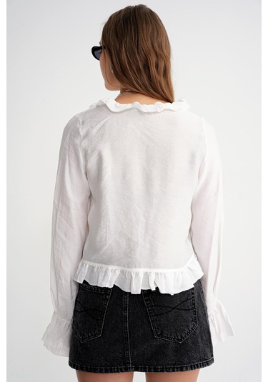 4712 Kadın Volanlı Modal Bolero Bluz Beyaz Beyaz
