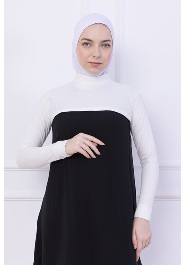 Balıkçı Yaka Boyunluklu Kolluk Ekru - Likralı Dik Yakalı Kadın Body Tesettür Crop Bolero Ekru