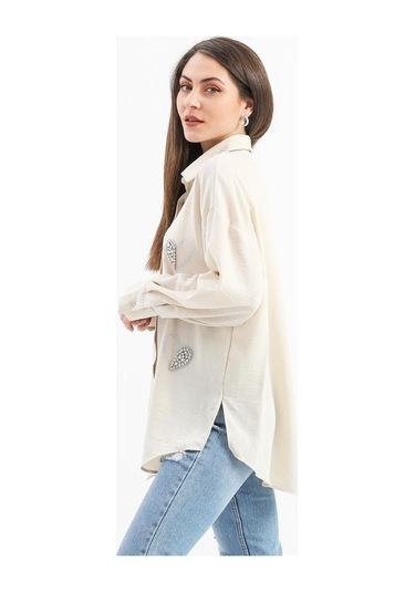 Taşlı Kalp İşlemeli Keten Gömlek - Bej-bej Bej