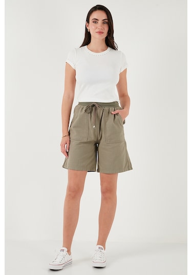 Lela Pamuklu Relaxed Fit Yüksek Bel Cepli Mini Bayan Şort 668Yp5384 Haki