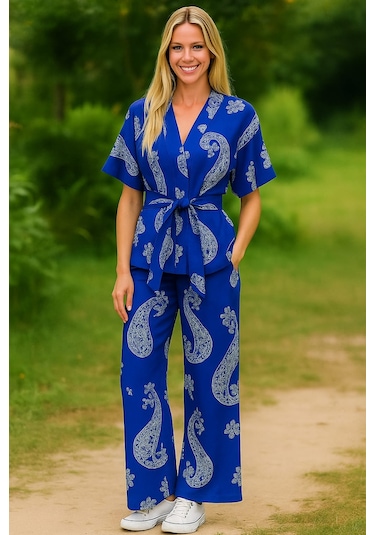 S-mall Keten Kadın Kimono Takım - Desenli Mavi