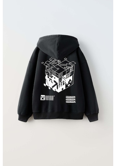 Erkek Çocuk Mınecraft Modelli Pamuk Kapşonlu Sweat Siyah