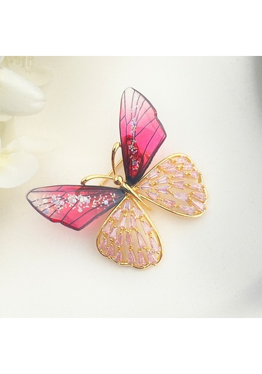 Broş Kadın Altın Kaplama Zirkon Taşlı Kelebek Yaka İğnesi Broş Ro Altın - Kırmızı