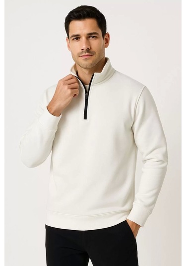 Erkek Dik Yaka Sweatshirt Dik Yaka Yarım Fermuarlı 3 İplik Şardonlu Pamuk Kumaş - Beyaz Beyaz