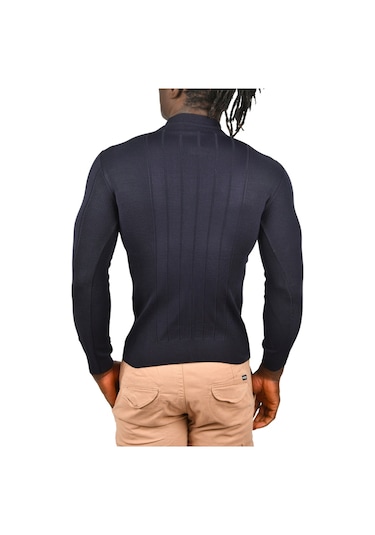 Deepsea Erkek Lacivert Yarım Balıkçı Yaka Çizgili Tüylenmeyen Slim Fit Triko Kazak 2505491 Lacivert