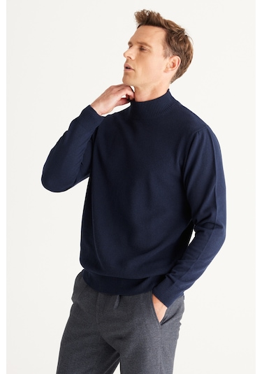 Altinyildiz Classics Erkek Lacivert Standart Fit Normal Kesim Yarım Balıkçı Yaka Pamuklu Triko 4A4921100008LACS Lacivert