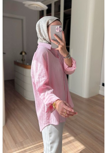 Kahijab Nakışlı Pul Detay Oversize Gömlek - Pembe