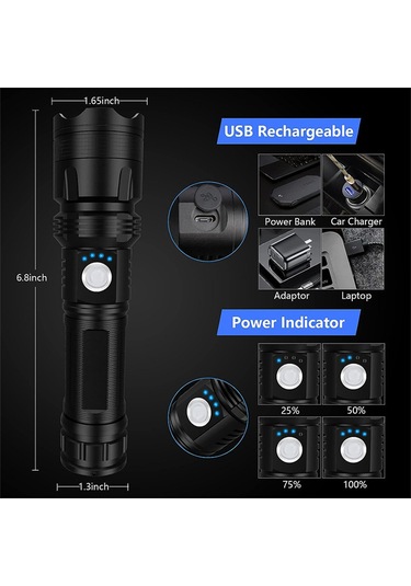 Jeemson Çok Fonksiyonlu Şarj Edilebilir El Feneri - 5000mah Pil, 5 Aydınlatma Modu, Tip-c Şarj, Su Geçirmez Siyah