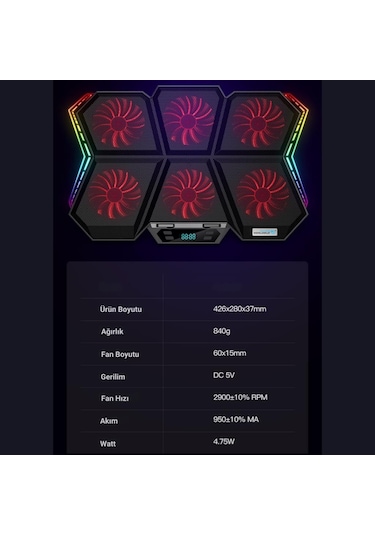 Coofbe Led Işıklı Ayarlanabilir 7 Kademeli Stand 6 Fanlı Göstergeli Notebook Laptop Soğutucu Turbo Fan