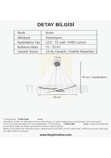Tt300-3 Kr Tt Aydınlatma 3 Lü Krom Kaplama Sarı Işık Led Aviz Krom