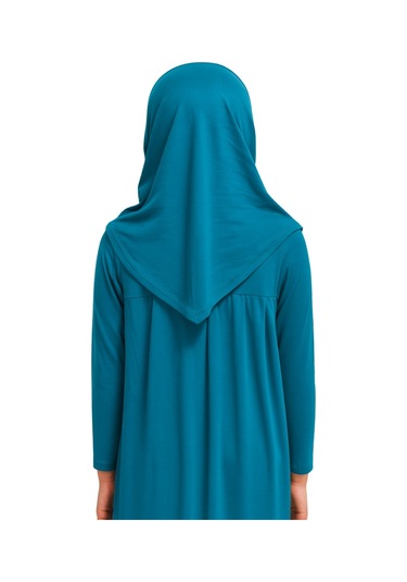 Penye Kendinden Başörtülü Çocuk Namaz Elbisesi Petrol Mavisi/ 6-7-8 Yaş Petrol