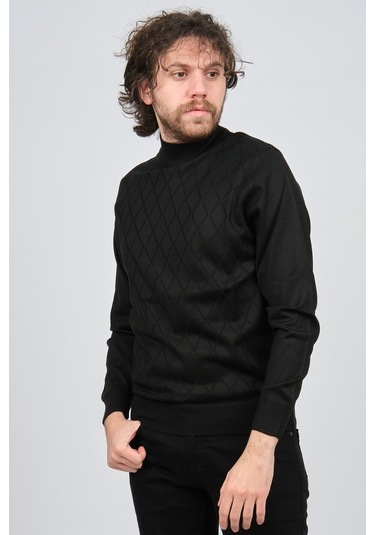 Pave Erkek Yarım Balıkçı Baklava Desenli Yün Kazak 4537220 Siyah Siyah