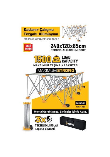 Sgs942 - Seramik Fayans Katlanır Çalışma Tezgahı Alüminyum 240 X 120 X 185cm