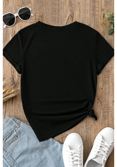 Spoyi Rose Forever Tasarımlı %100 Pamuk Yarım Oversize Siyah T-shirt