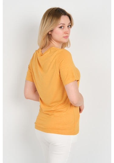 Ella Camelia Kadın Kelebek Şekilli Taş Süslemeli V Yaka Kısa Kollu Bluz 24e047 Hardal HARDAL