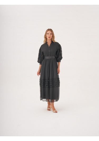 Dantel Detaylı Kemerli Şifon Gömlek Elbise Siyah