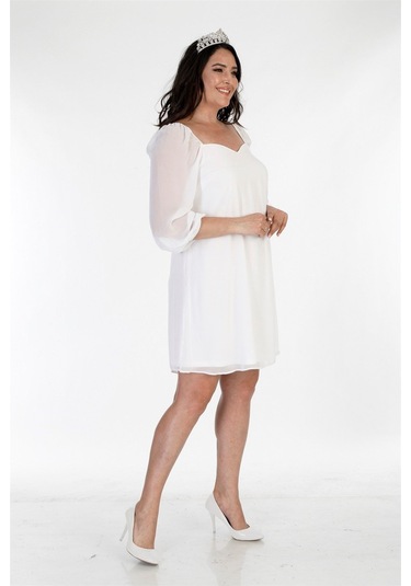 Astarlı Şifon Prenses Kol Elbise-1418 Beyaz