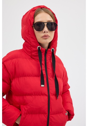 Çift Cepli Fermuarlı Su İtici Kumaş Normal Kesim Dolumlu Şişme Kadın Kırmızı Mont Tbmnt005 Kırmızı