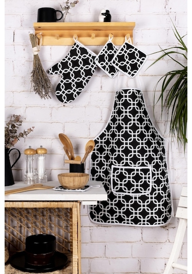 4 Lü Mutfak Çeyiz Seti Mutfak Önlüğü , Fırın Eldiveni Ve Tutacak Takımısiyah Zincir
