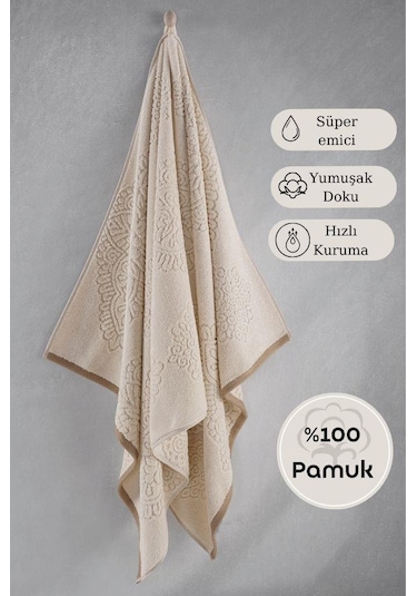 Pamuk Tekli Havlu Jakarlı Karna Premıum Vance - 70 X 140 Krem