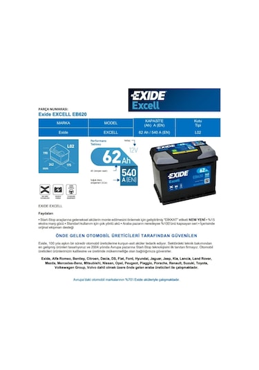 Exide 12V 62 Ah 540Cca Excell 60 Ah Kutusu / 552779180