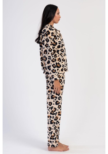 Kadın Uzun Kol Polar Önden Düğmeli Leopar Bej Pijama Takım C7t6n0o304 001
