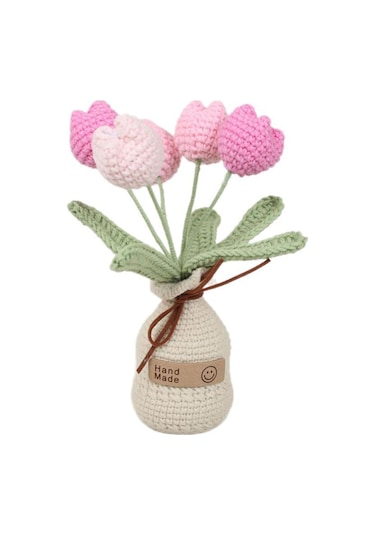 Dianziye El Örgü Gerçekçi Bitki: 5 Başlı Degrade Pembe Lale Saksı Bitkisi İplik Vazo Tabanı