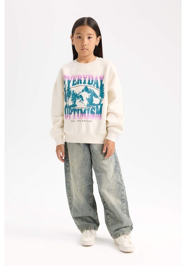 DeFacto Kız Çocuk Relax Fit Bisiklet Yaka Baskılı Sweatshirt D7055A824WNER99 Ekru