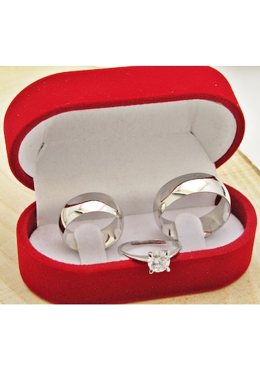 8 Mm Bombeli Gümüş Çift Alyans Söz Yüzükleri Tektaş Hediye Wr23