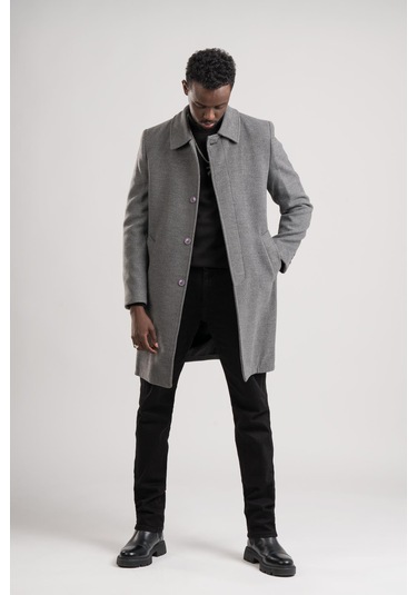 Yakalı Klasik Kesim Düğmeli Uzun Kaşe Erkek Kaban Gri